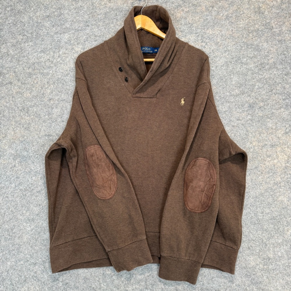 Polo Ralph Lauren Shawl Loop Collar Sweater Mens 2XL Elbow Patch Brown Knit Pony